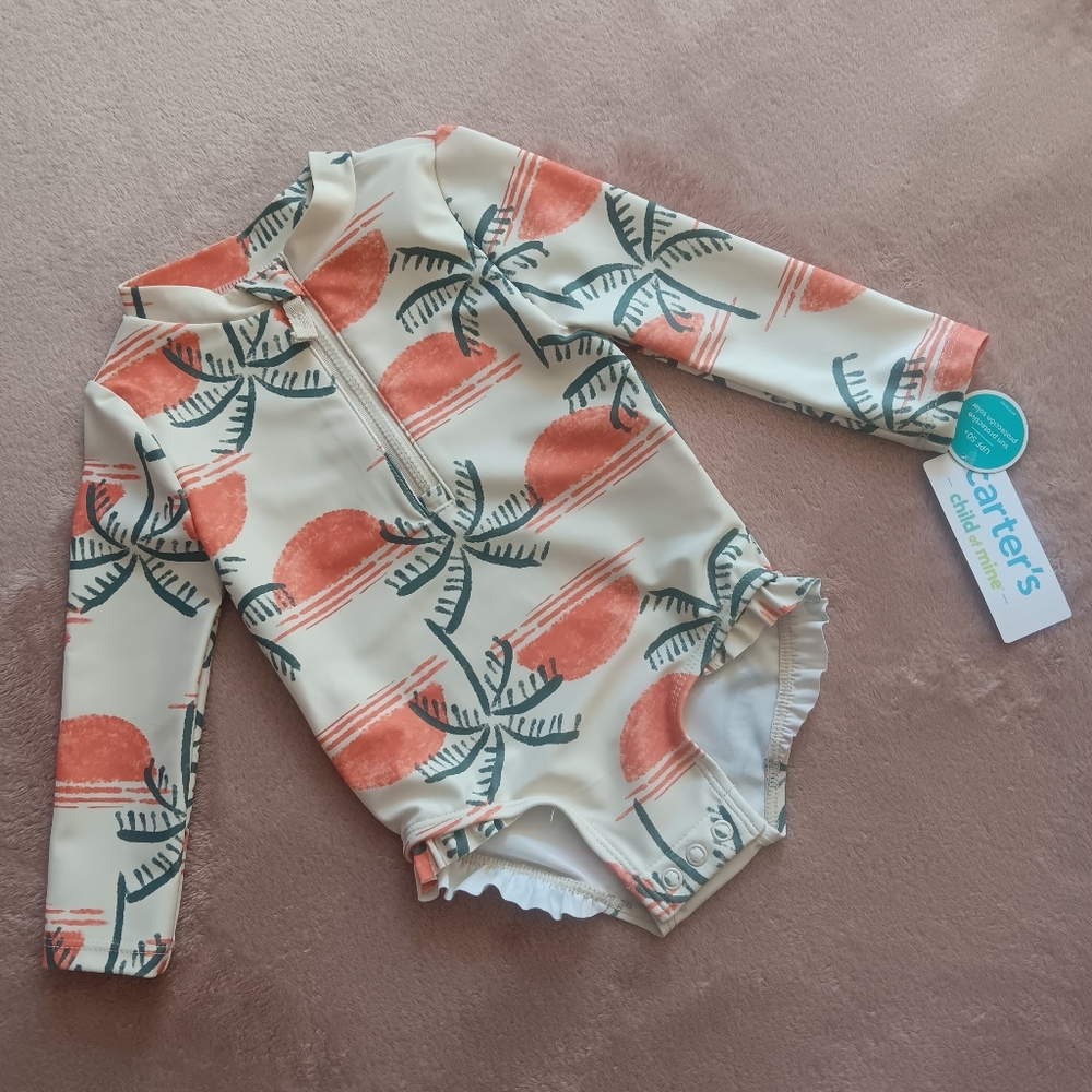 NWT Carter's Child Of Mine Baby Tropical Zip-Up Snap UPF 50+ Ruffle Swimsuit 12M
